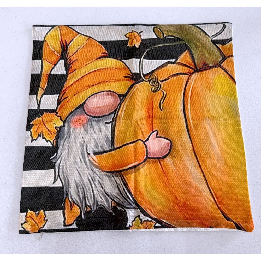 Fall Gnome Pumpkin Decorative Pillow Cover Harvest Autumn Decor Striped 18x18
